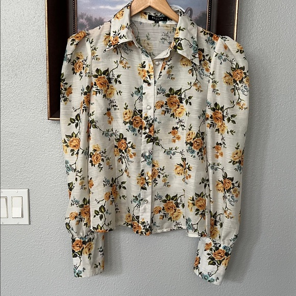 BEULAH STYLE Semi-Sheer Fitted Button Up Blouse Puff Sleeves White Multi Floral - Picture 1 of 10